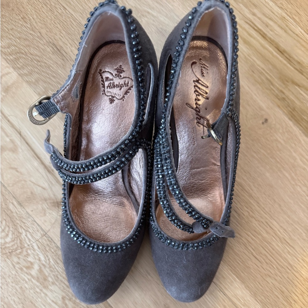 Miss Albright from Anthropologie Gray Maryjane shoes with Beaded Strip & Border